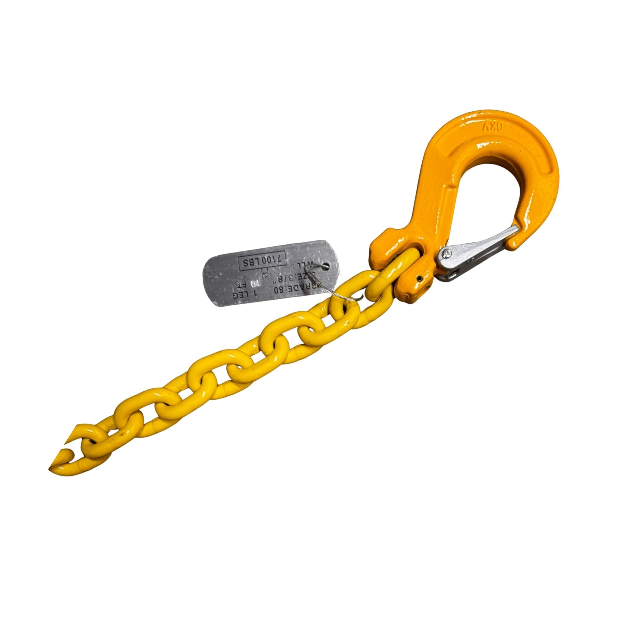Grade 80 chain with sling hook.  Tagged with specifications.  Yellow coated alloy steel