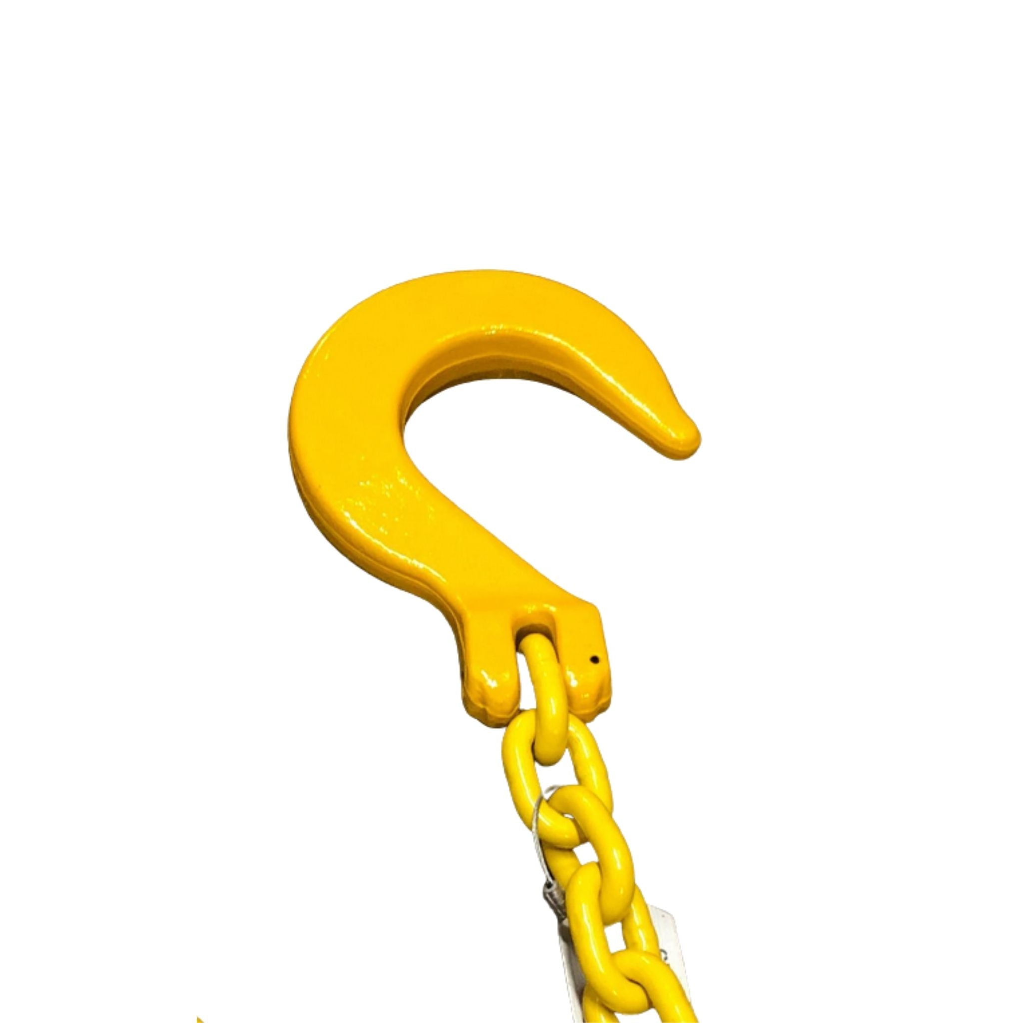 Grade 80 chain sling with clevis foundry hook.  Coated yellow for durability.  Available at baremotion