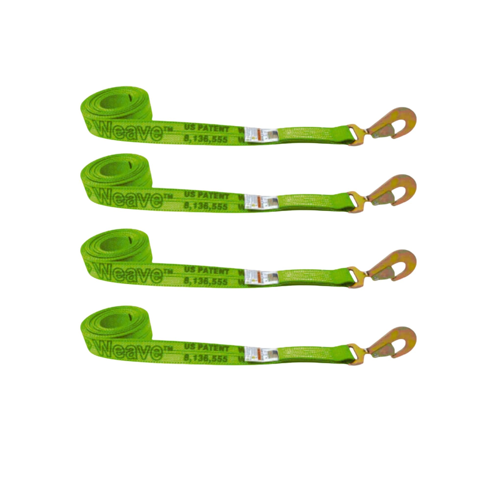 Four Hi-Vis green straps made of Diamond Weave with wisted snap hooks.  Used for transport and towing vehicles.  Ab\available for purchase at Baremotion.com 