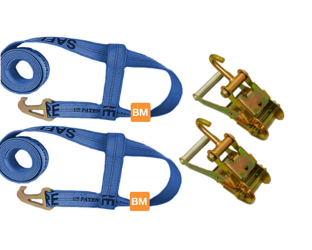 2" x 10' Blue Basket Style Wheel Lift Straps for Jerr-Dan Tow Trucks, Quick Pick and MPL Series Wheel Lifts - complete with finger ratchets.