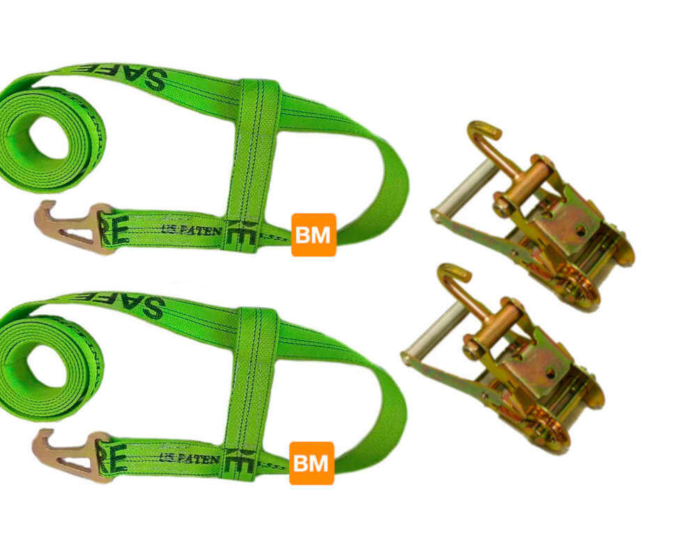 Hi-Vis green 2" x 10' Basket Style Wheel Lift Straps for Jerr-Dan Tow Trucks, Quick Pick and MPL Series Wheel Lifts - complete with finger ratchets.
