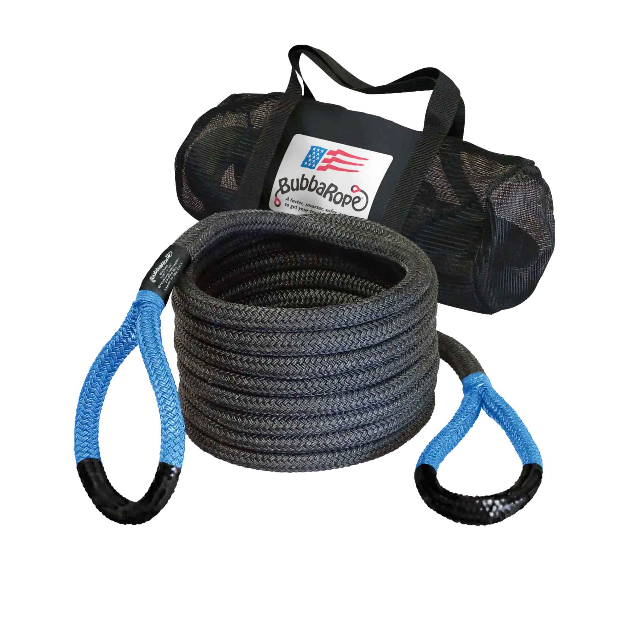 Bubba Rope with blue ends and carrying bag on a white background