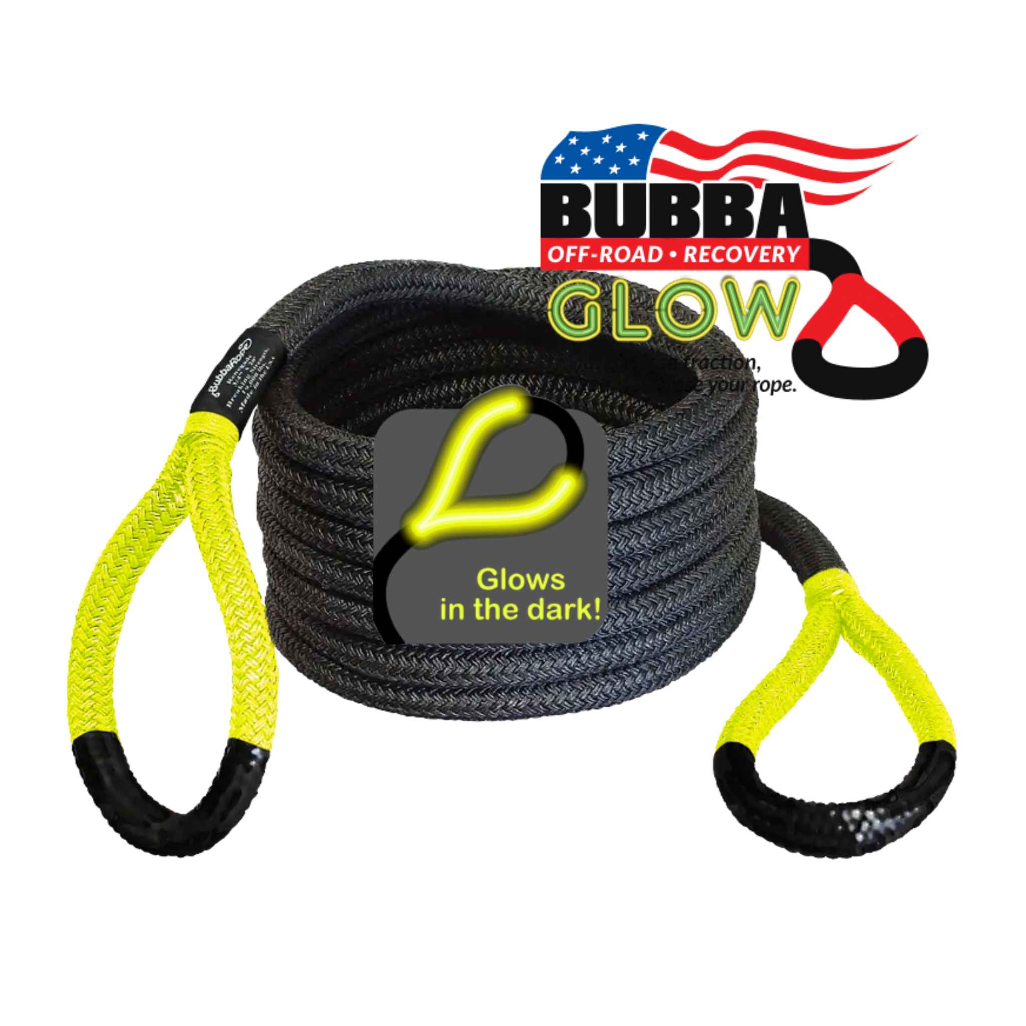 Bubba Off-Road Recovery rope with yellow handles and glowing feature on a white background