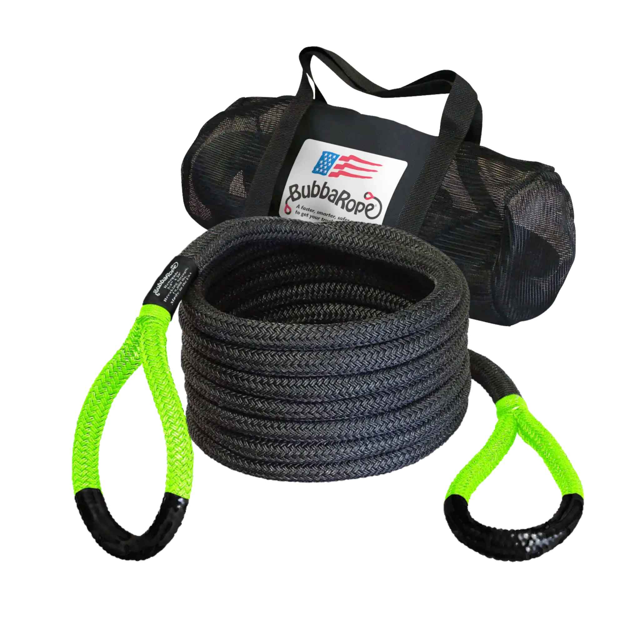 Bubba Rope with green handles and carrying bag on a white background