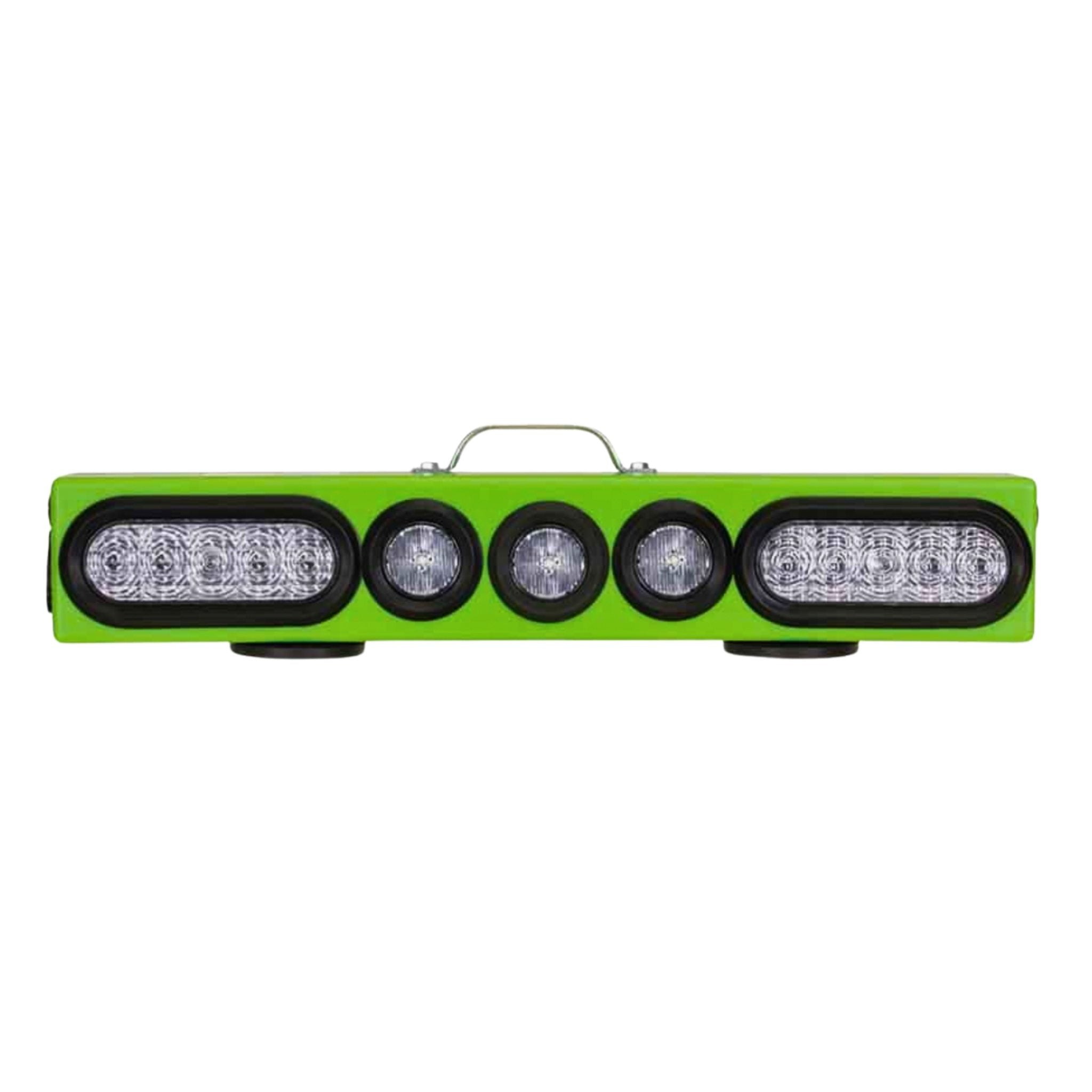 Green light bar with multiple LED lights on a white background