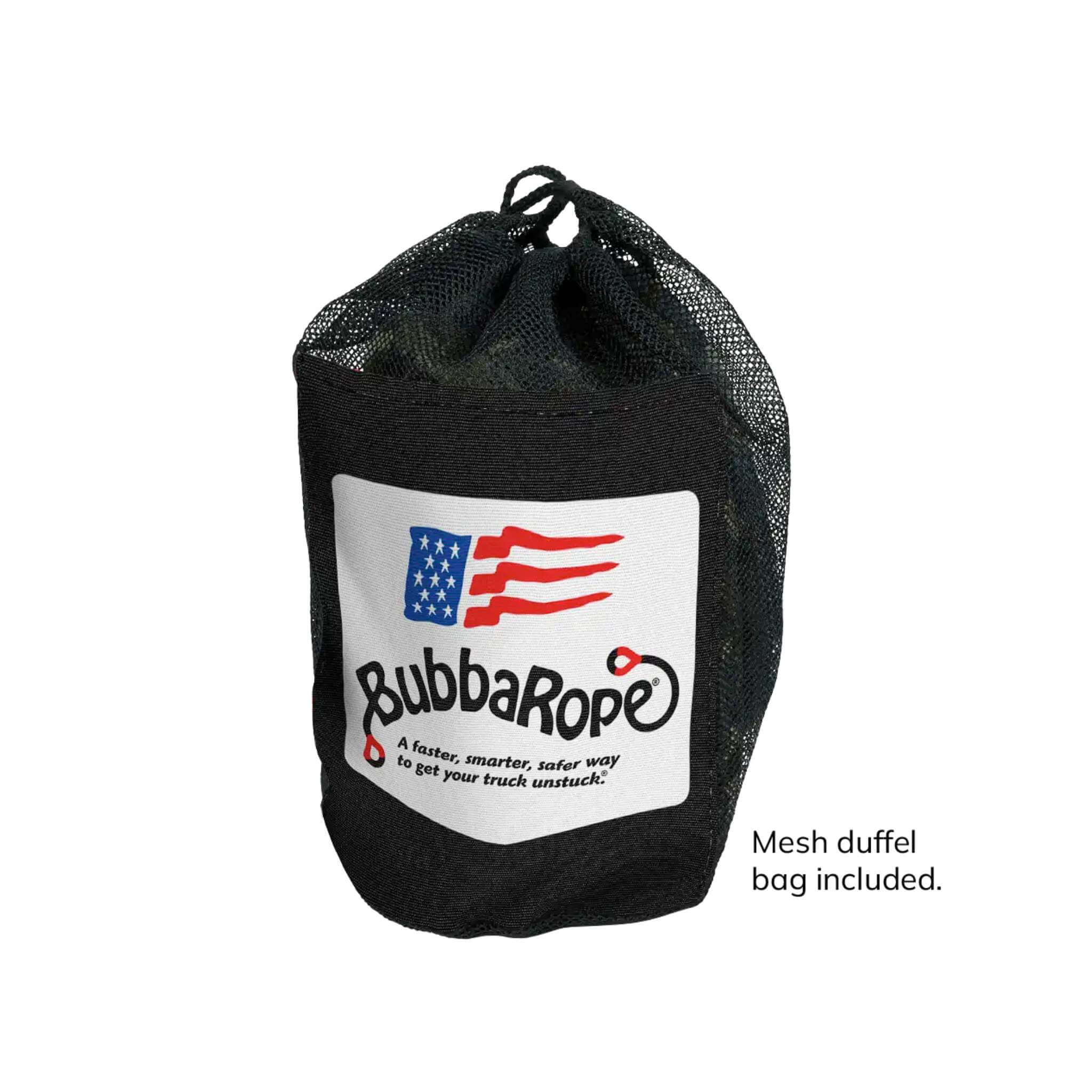 Black mesh duffel bag with Bubba Rope logo on a white background