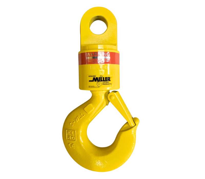 Rated for overhead lifting these Eye &amp; Hook trust bearing swivel come with load capacities from 3 to 15 tons.  Made by Miller Lifting