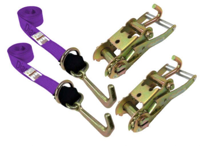2-pack of purple tie downs & finger ratchets.  Strap comes with a mini j-hook and D-ring combo.  2 hook styles in one tie-down.  ideal for car carriers