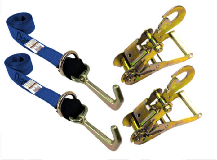 2-pack forged Mini J-Hook and D-Ring blue tie-down strap with snap hook ratchets