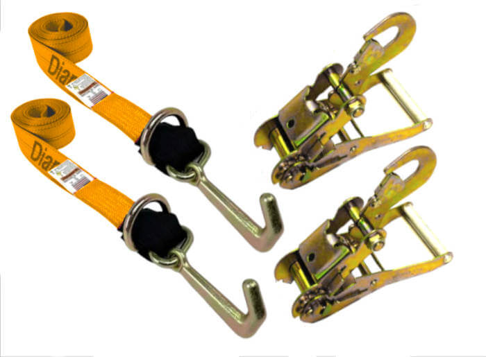 2-pack of safety orange diamond weave tie downs & snap hook ratchets. Strap comes with a mini j-hook and D-ring combo. 2 hook styles in one tie-down. ideal for car carriers