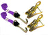 2-pack of purple tie downs & snap hook ratchets. Strap comes with a mini j-hook and D-ring combo. 2 hook styles in one tie-down. ideal for car carriers