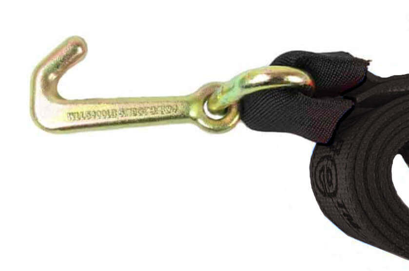 Black Diamond Weave Tie Down Strap with a forged Mini J-Hook.  Used on tow trucks, rollback trucks, and other vehicle transporters.