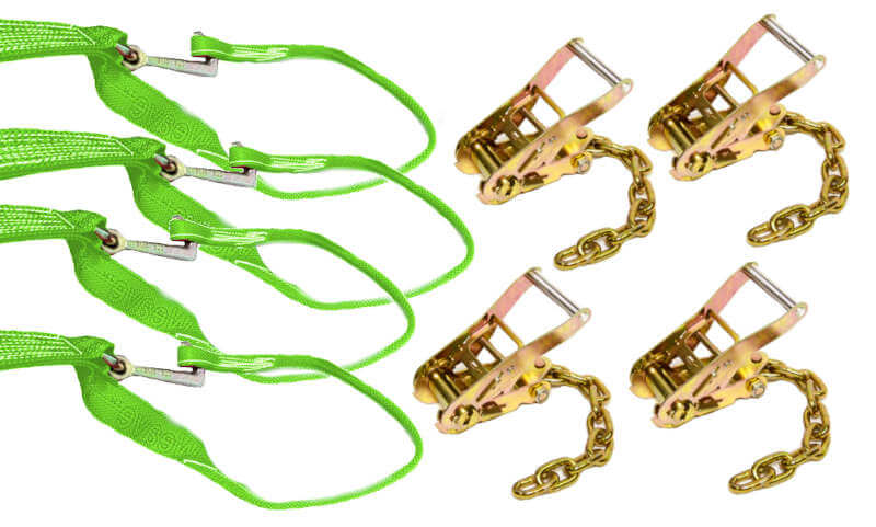 Tie-Down Loop Straps w/Mini J Hook & Chain Ratchets 4-Pack Green.  This is a great tie-down kit for towing vehicles.