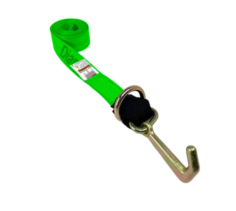 High Visibility Green Tie Down Strap with a forged Mini J-Hook & D-Ring combo.  Made with heavy duty webbing