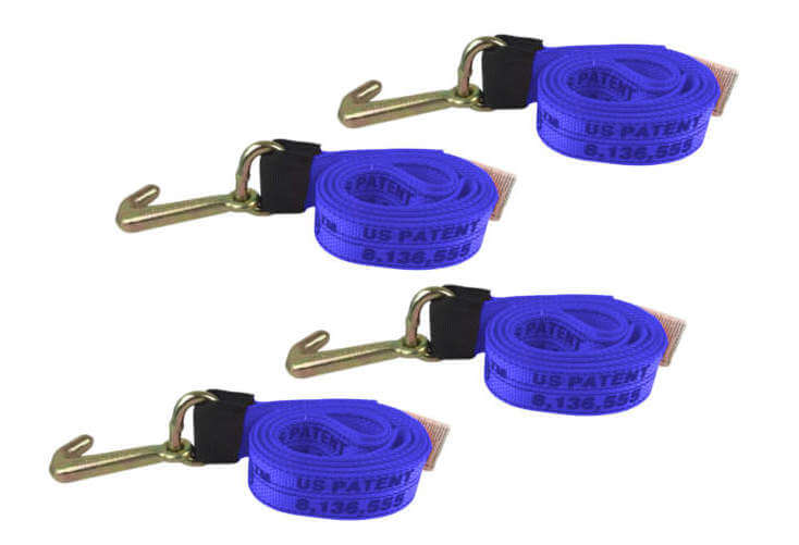 4-pack:  2" x10' Blue Tie Down Strap with a forged Mini J-Hook.  Made with diamond Weave durable and tough webbing