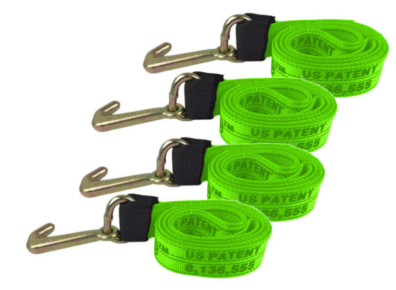 4-pack tie downs with mini j-hook.  High visibility green straps for towing and vehicle transportation