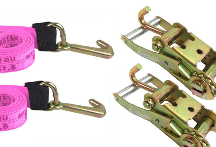 This is a 2-pack of Tough and Durable Diamond Weave Pink Tie Down Straps with Mini J-Hooks & finger ratchets