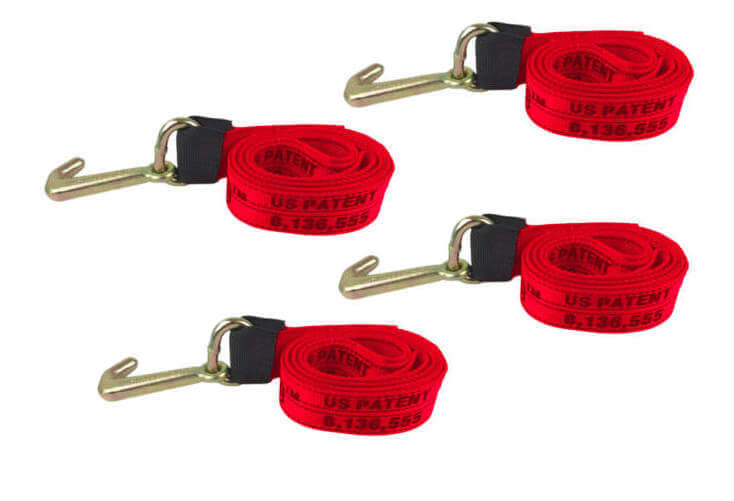 4-pack Red abrasion resistant Diamond Weave Tie Down Strap with a forged Mini J-Hook available at baremotion with Free US Shipping