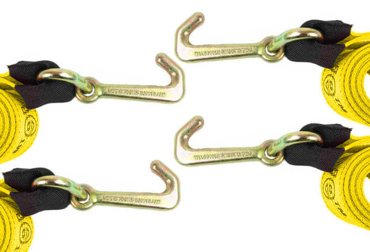 4-pack tie down straps come with mini j-hooks.  Tough and durable Yellow webbing
