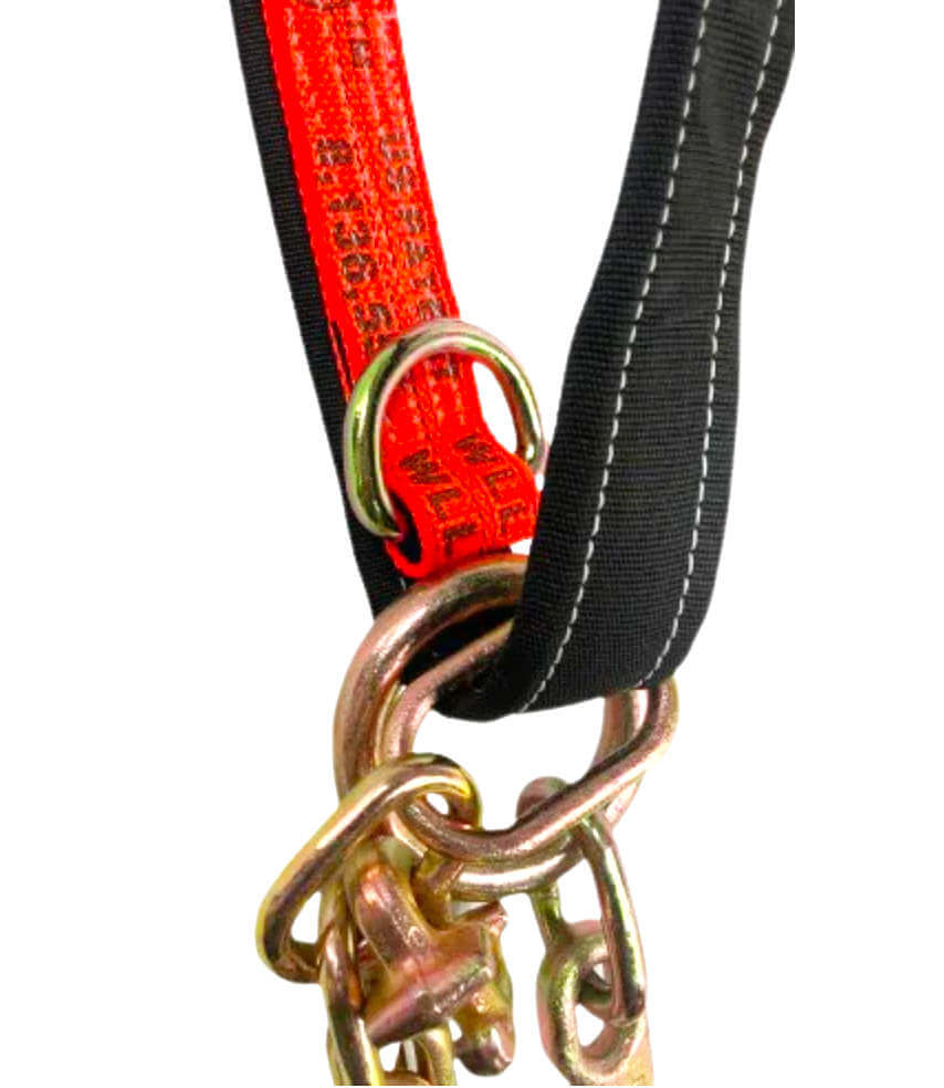 All in One V-Bridle Tow Strap comes with a re-enforced protective sleeve! Use as an axle strap when transporting luxury vehicles or J-hooks for other applications. Made with Red Diamond Weave webbing