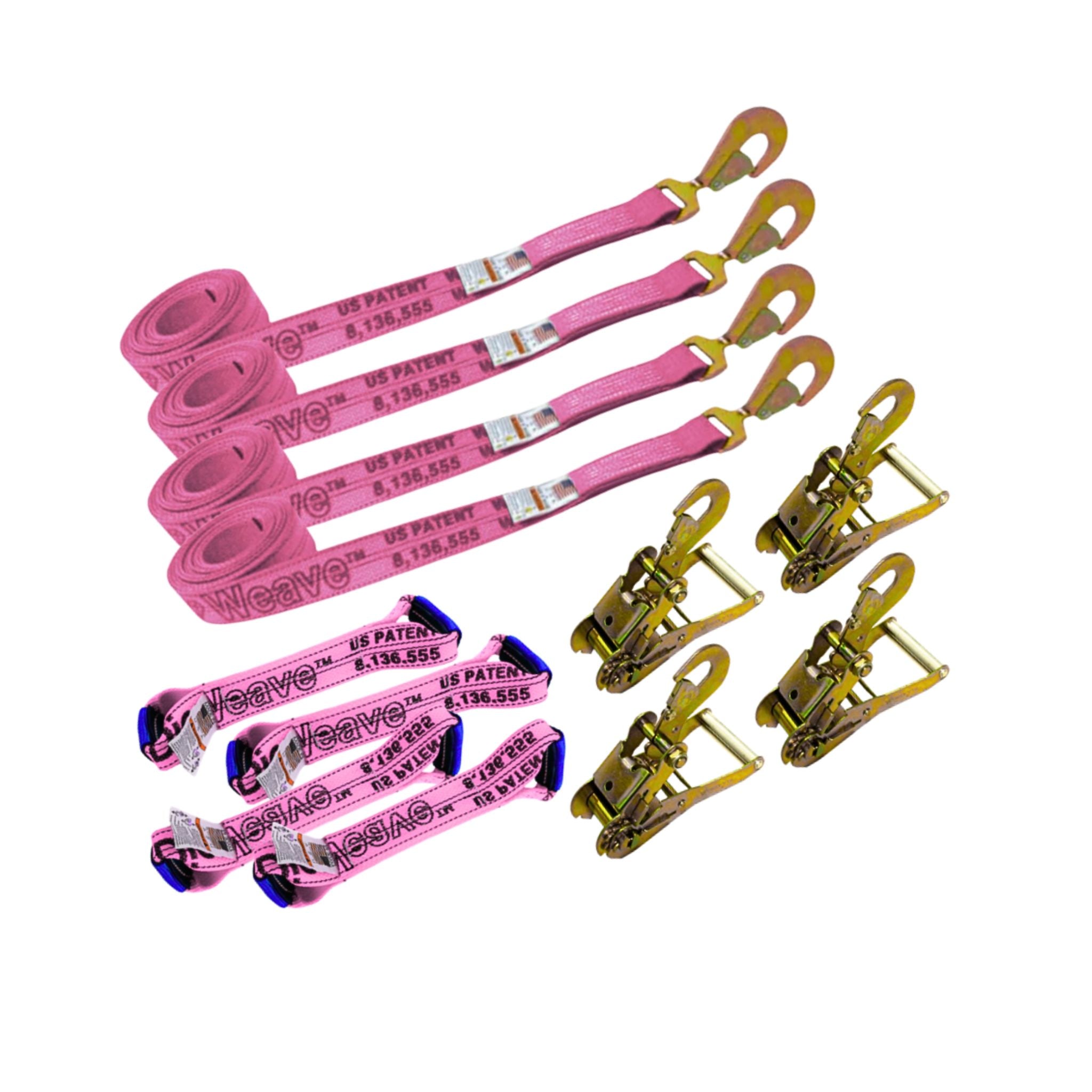 Pink 8-Point Tie Down Kit Twisted Snap Hooks Diamond Weave.  Includes a set of straps with twisted snap hooks and ratchets with snap hook, and towing straps called dogbones.  Total towing system available at Baremotion