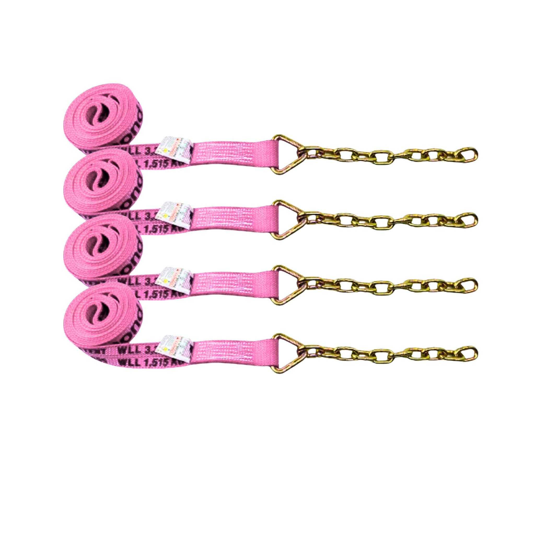 Set of Pink Strap with chain extension.  Used for vehicle tie-down on car haulers and rollback tow trucks.