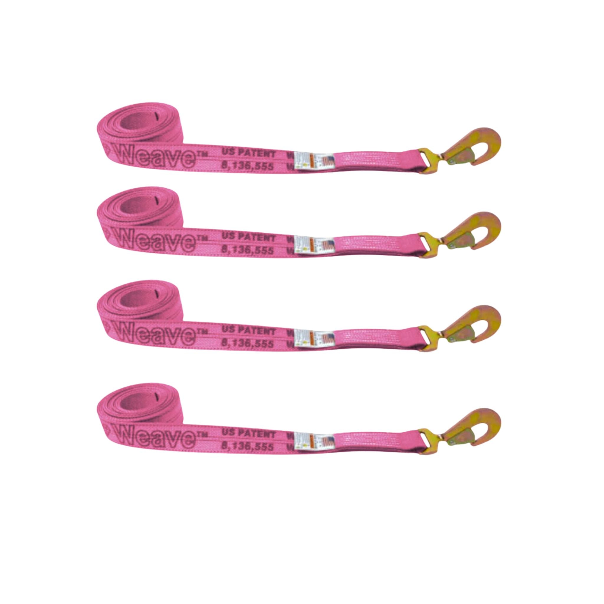 Set of Pink straps made of Diamond Weave with wisted snap hooks.  Used for transport and towing vehicles.  Ab\available for purchase at Baremotion.com 