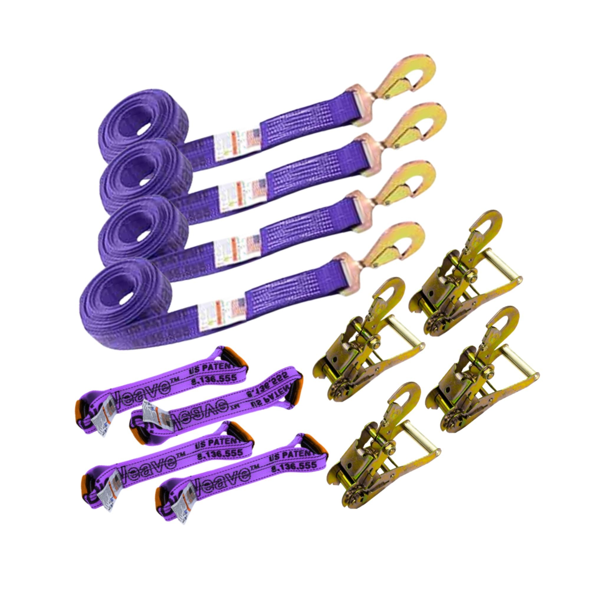 8-Point Tie Down Kit Twisted Snap Hooks Diamond Weave Purple.  Includes a set of straps with twisted snap hooks and ratchets with snap hook, and towing straps called dogbones.  Total towing system available at Baremotion