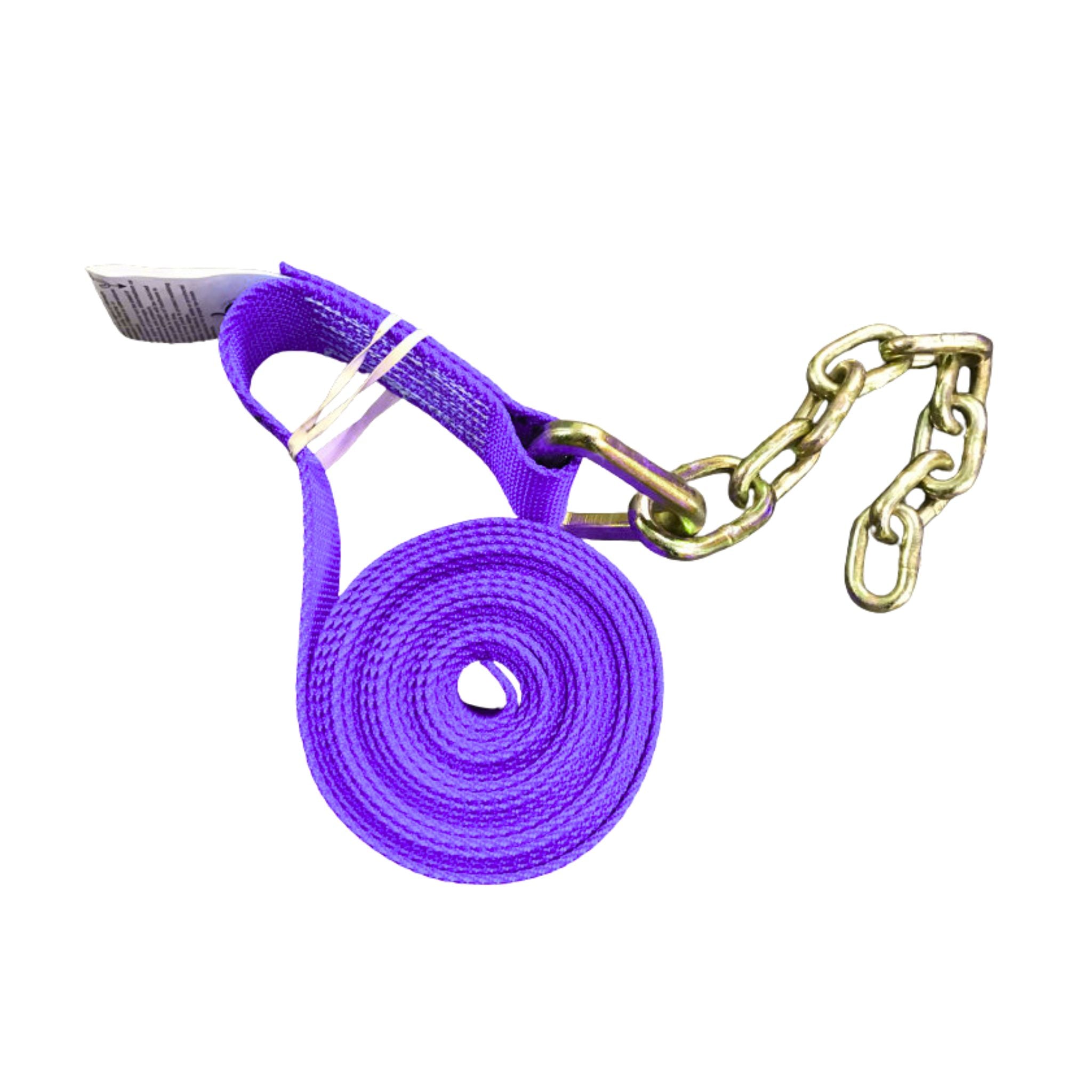 Purple Strap with Grade 70 chain extension.  Used for vehicle tie-down on car haulers and rollback tow trucks.