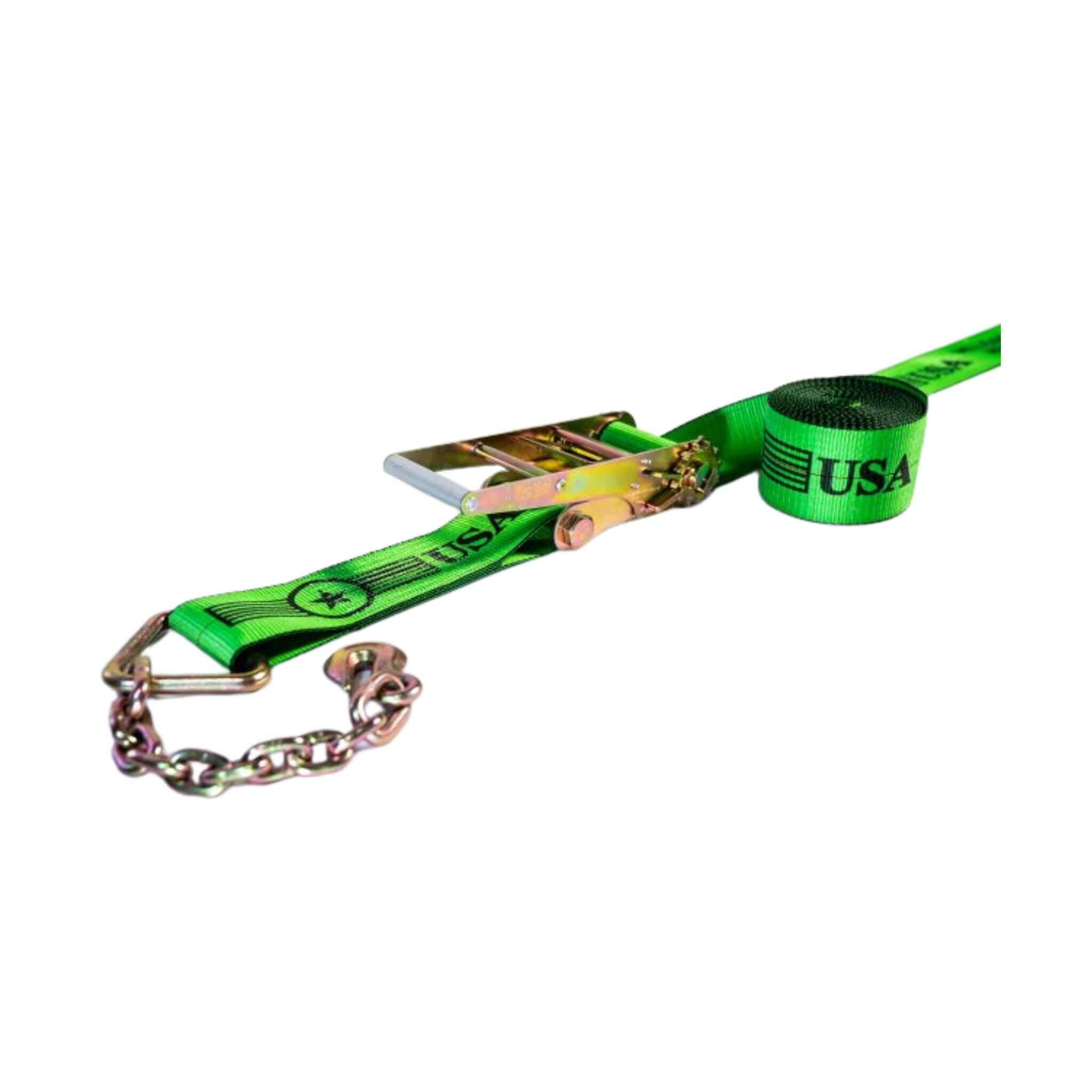 Green 4" Heavy-Duty SPIN FREE Ratchet Strap with grade 70 Chain Extensions 