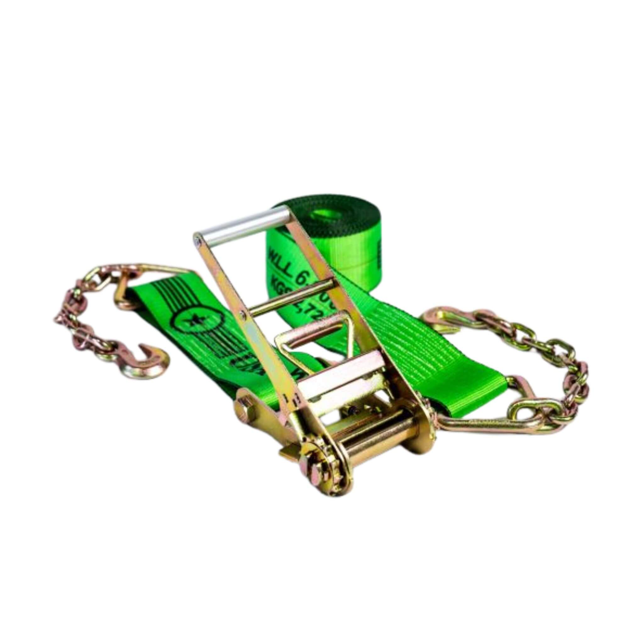 Green 4" Heavy-Duty SPIN FREE Ratchet Strap with Chain Extensions 
