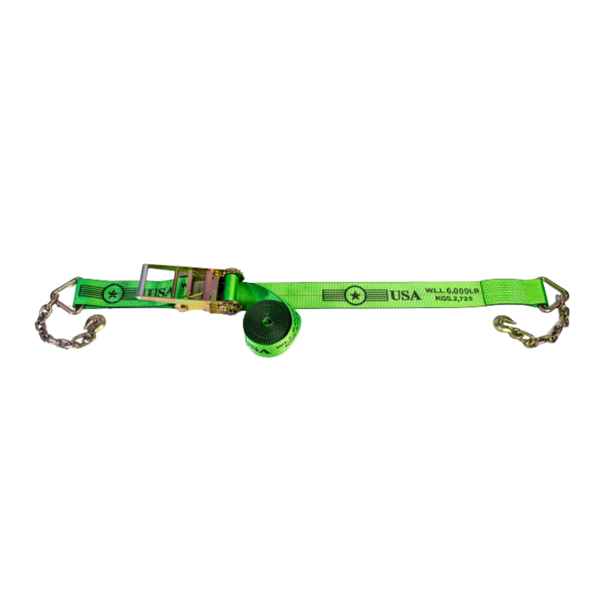 Green 4" Heavy-Duty SPIN FREE Ratchet Strap with Chain Extensions 