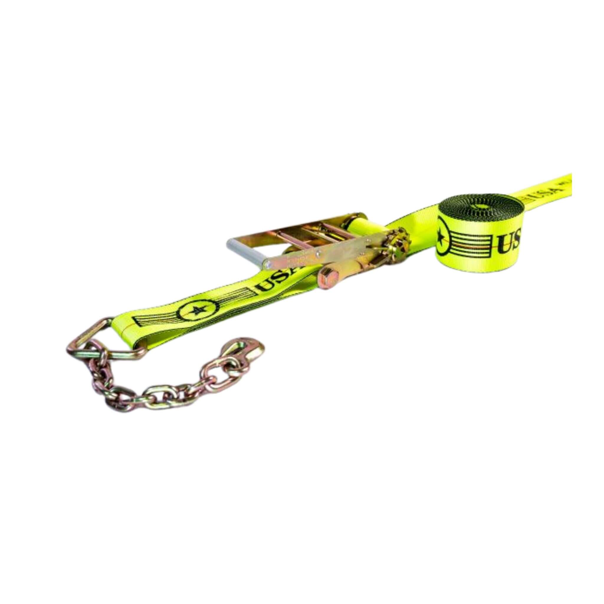 4" Heavy-Duty SPIN FREE Ratchet Strap with Chain Extensions - Hi-vis color webbing.  Made in USA