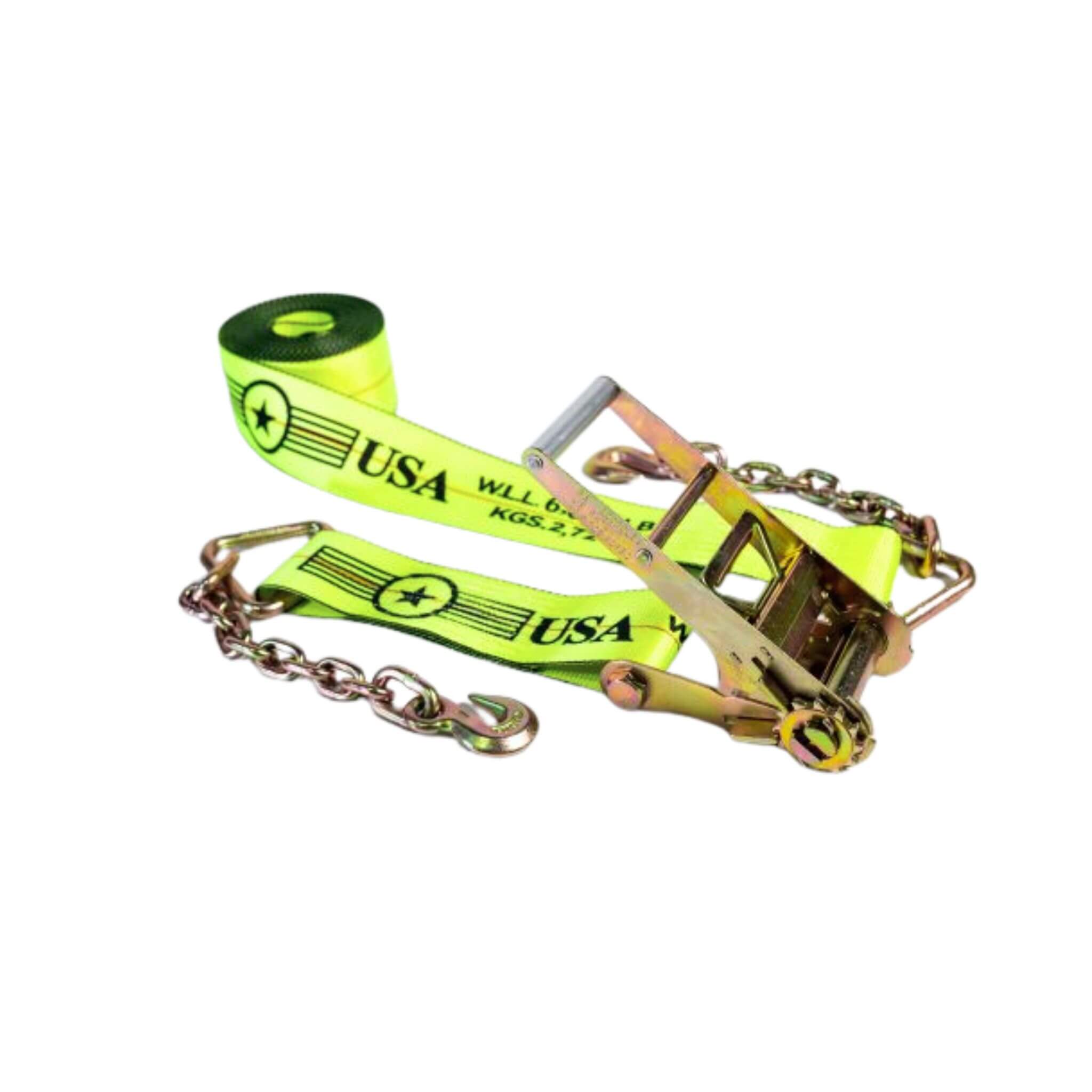 4" Heavy-Duty SPIN FREE Ratchet Strap with Chain Extensions - Hi-vis color webbing