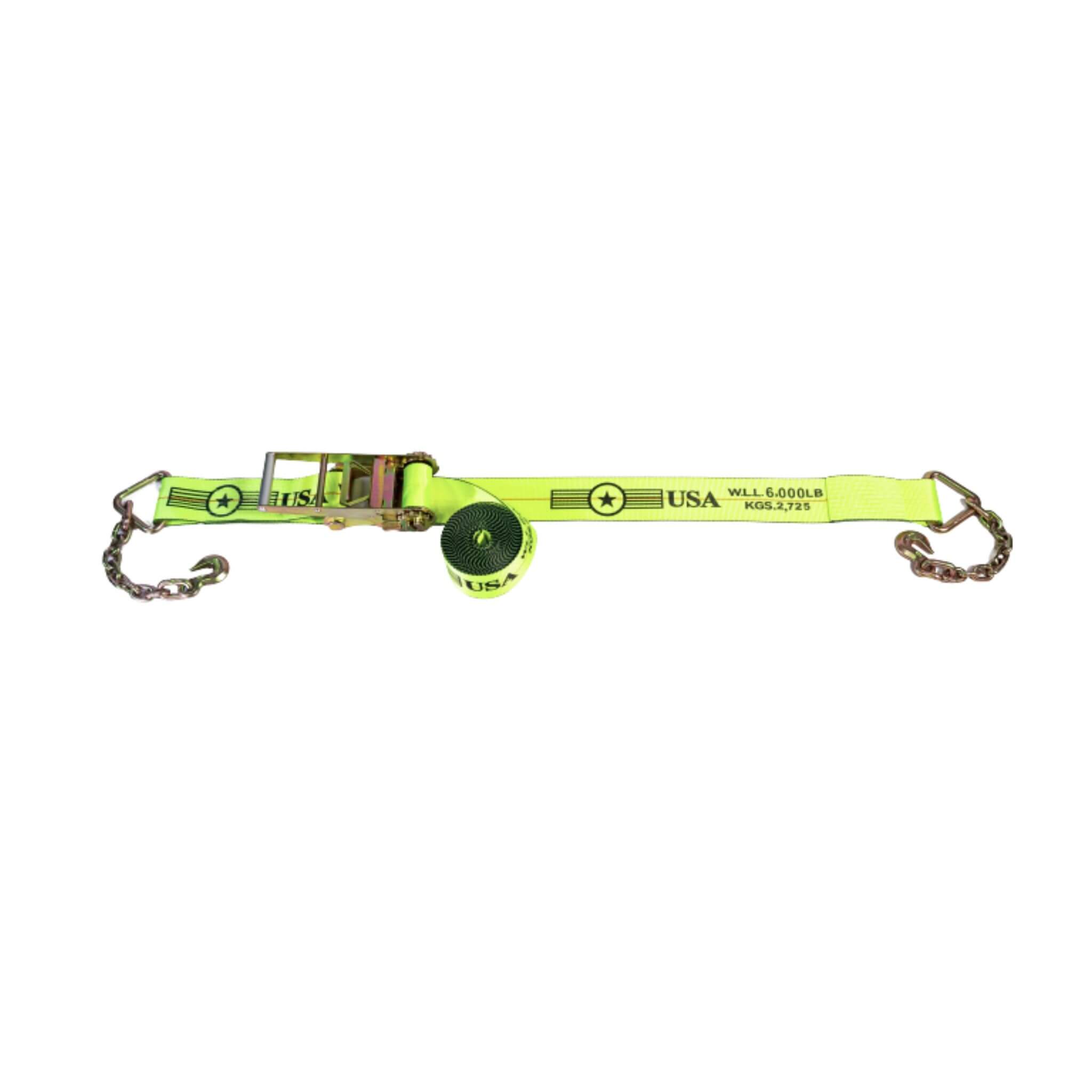 4" Heavy-Duty SPIN FREE Ratchet Strap with Chain Extensions - Hi-vis color webbing