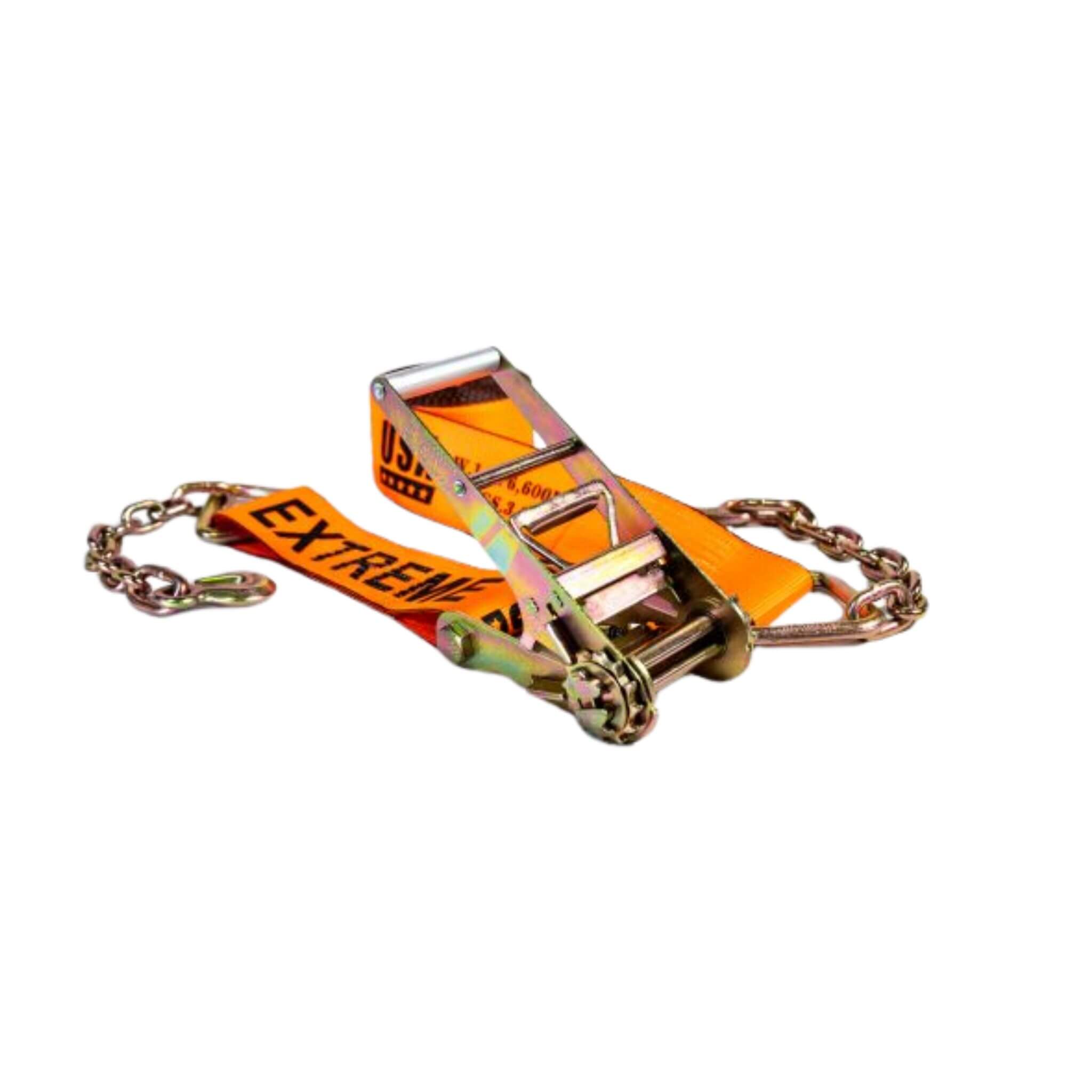 4" Heavy-Duty SPIN FREE Ratchet Strap with Chain Extension – Orange EXTREME 6,600 WLL