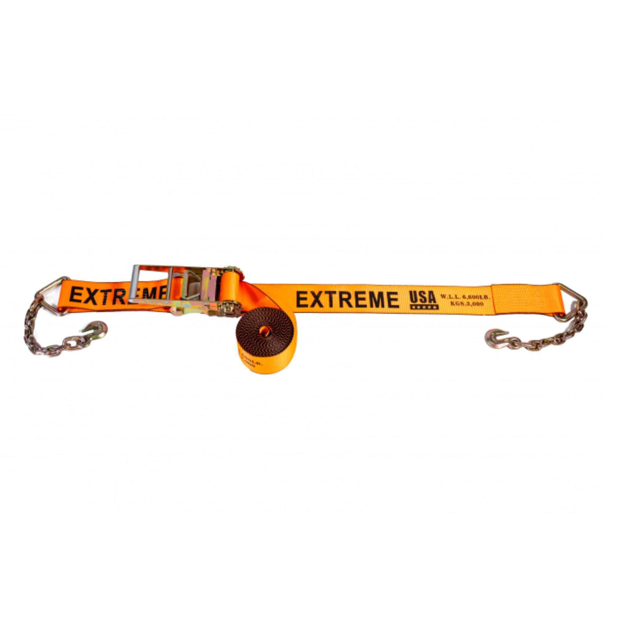 4" Heavy-Duty SPIN FREE Ratchet Strap with Chain Extension – Orange EXTREME 6,600 WLL