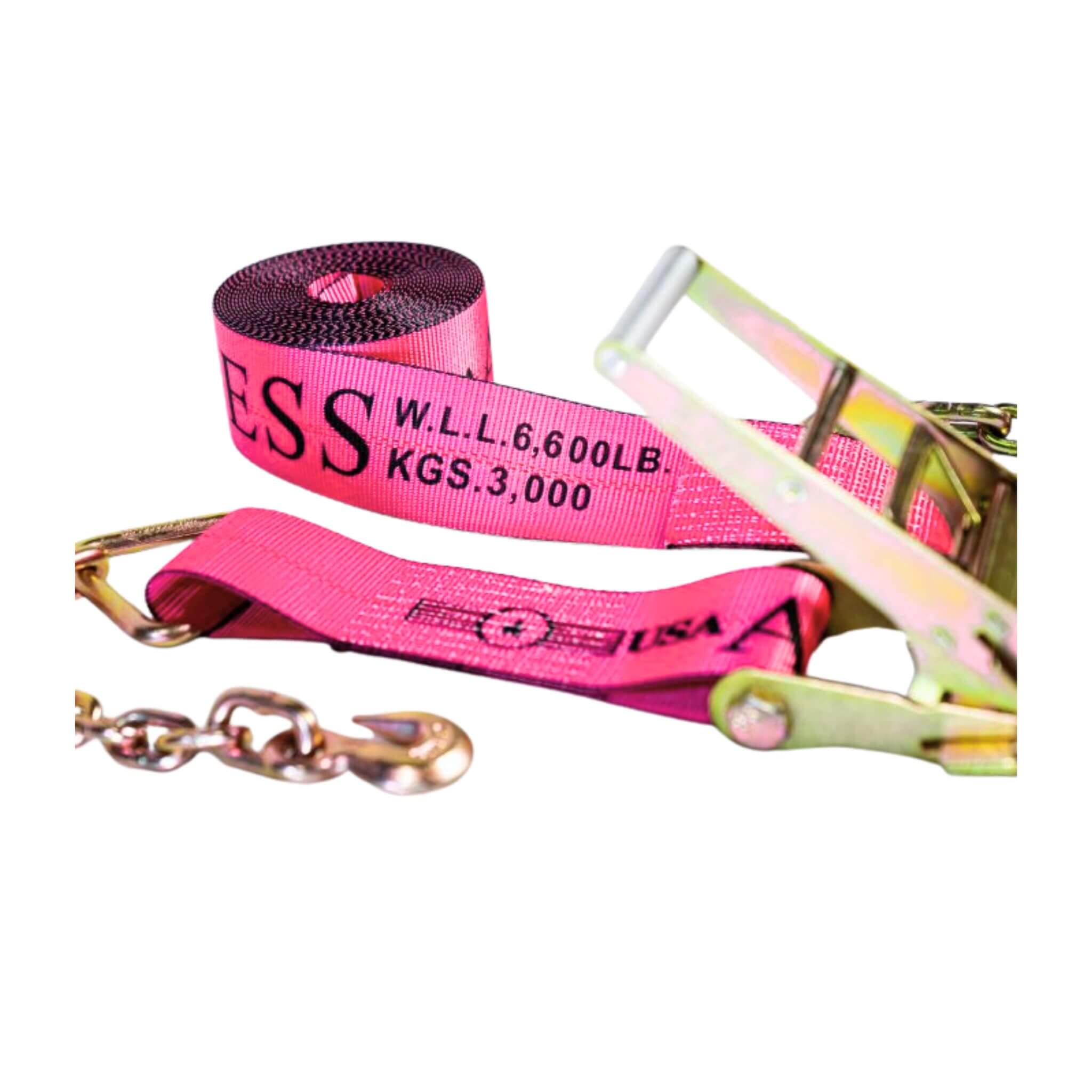Pink Green 4" Heavy-Duty SPIN FREE Ratchet Strap with Chain Extensions 
