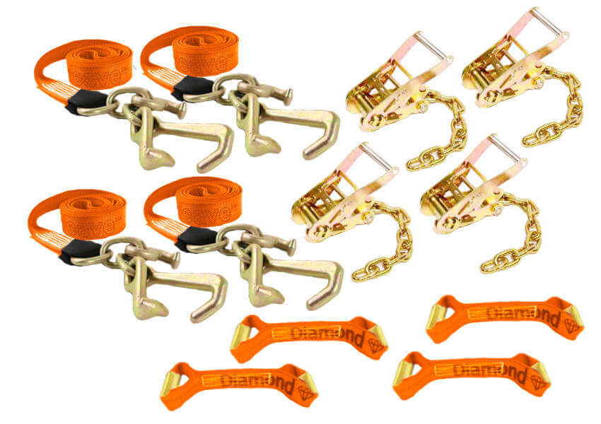 This 8-Point Tie Down Kit features Orange Hi-Vis Diamond Weave webbing and RTJ Cluster Hook Straps.