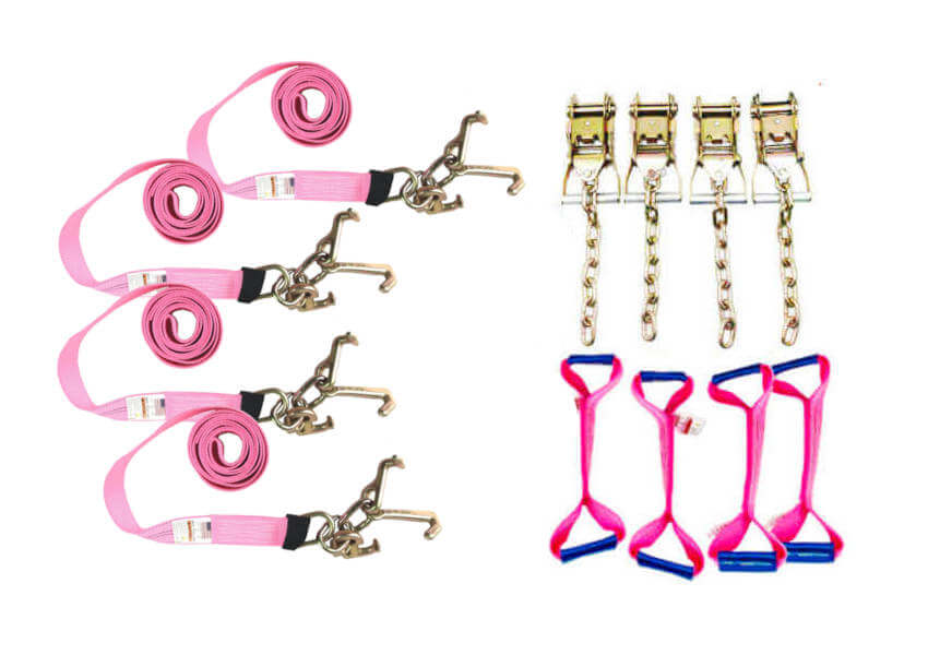 This 8-Point Tie Down Kit features Pink Diamond Weave webbing and RTJ Cluster Hook Straps for a vibrant, secure tie-down experience!  Comes with tail chain ratchets and pink dogbones.