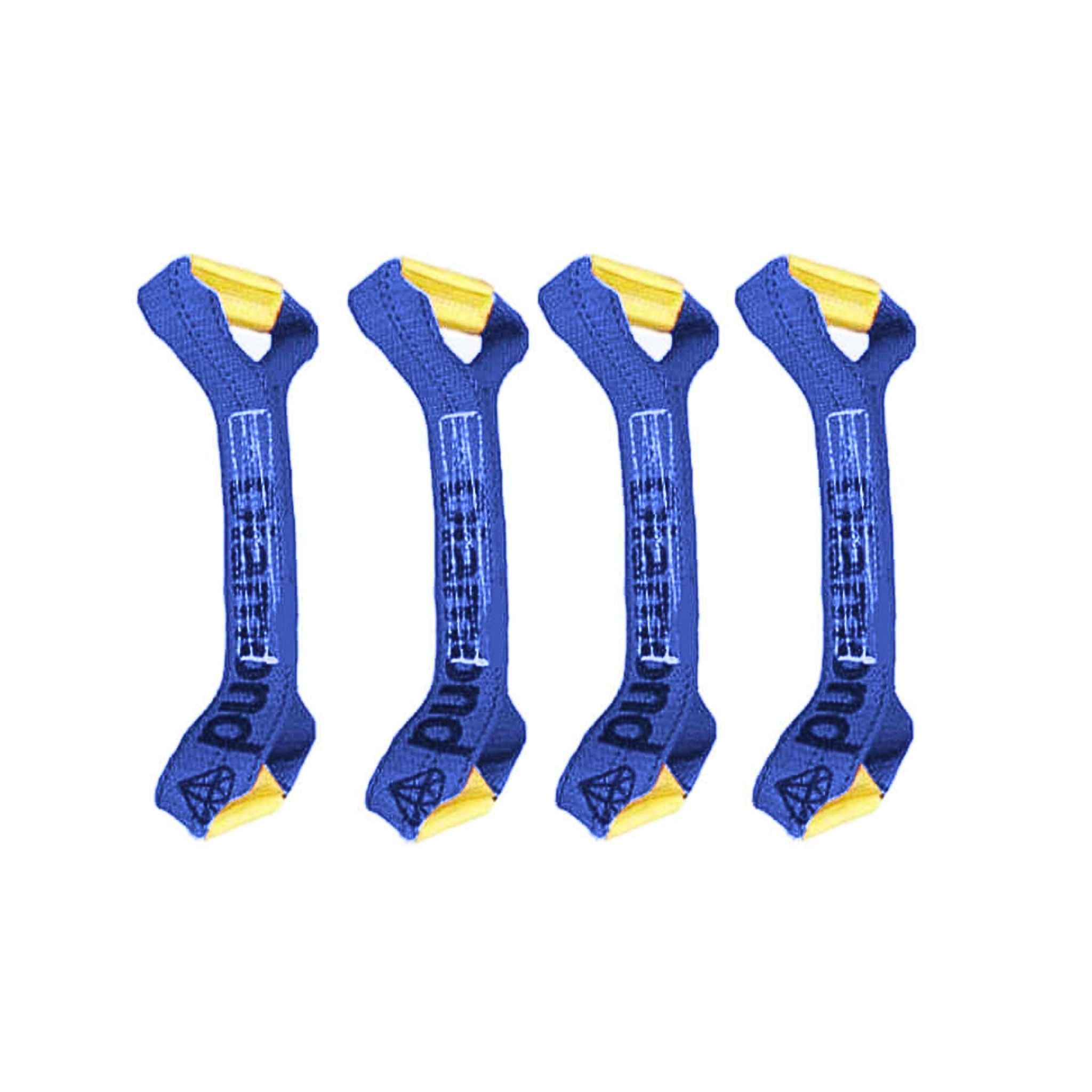 Set of Blue colored diamond weave tie-down straps called "dogbones".  Used in the 8-point tie-down system for vehicle transport and towing.  Available at Baremotion