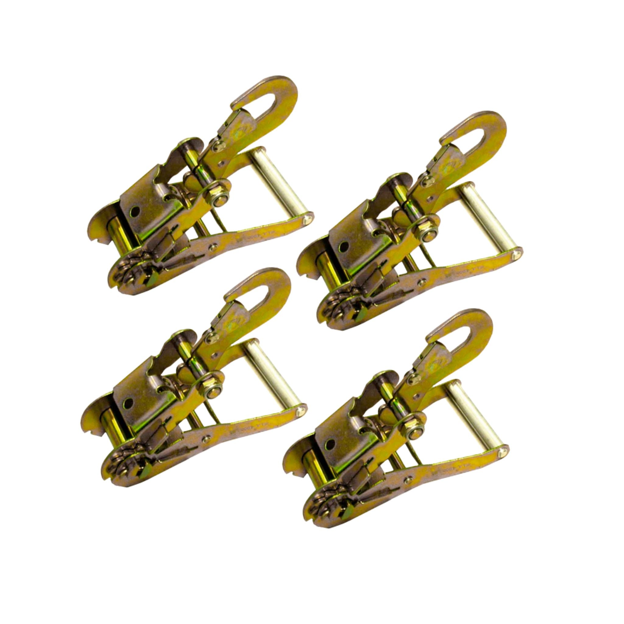 Set of ratchet buckles with snap hook.  Zinc plated.