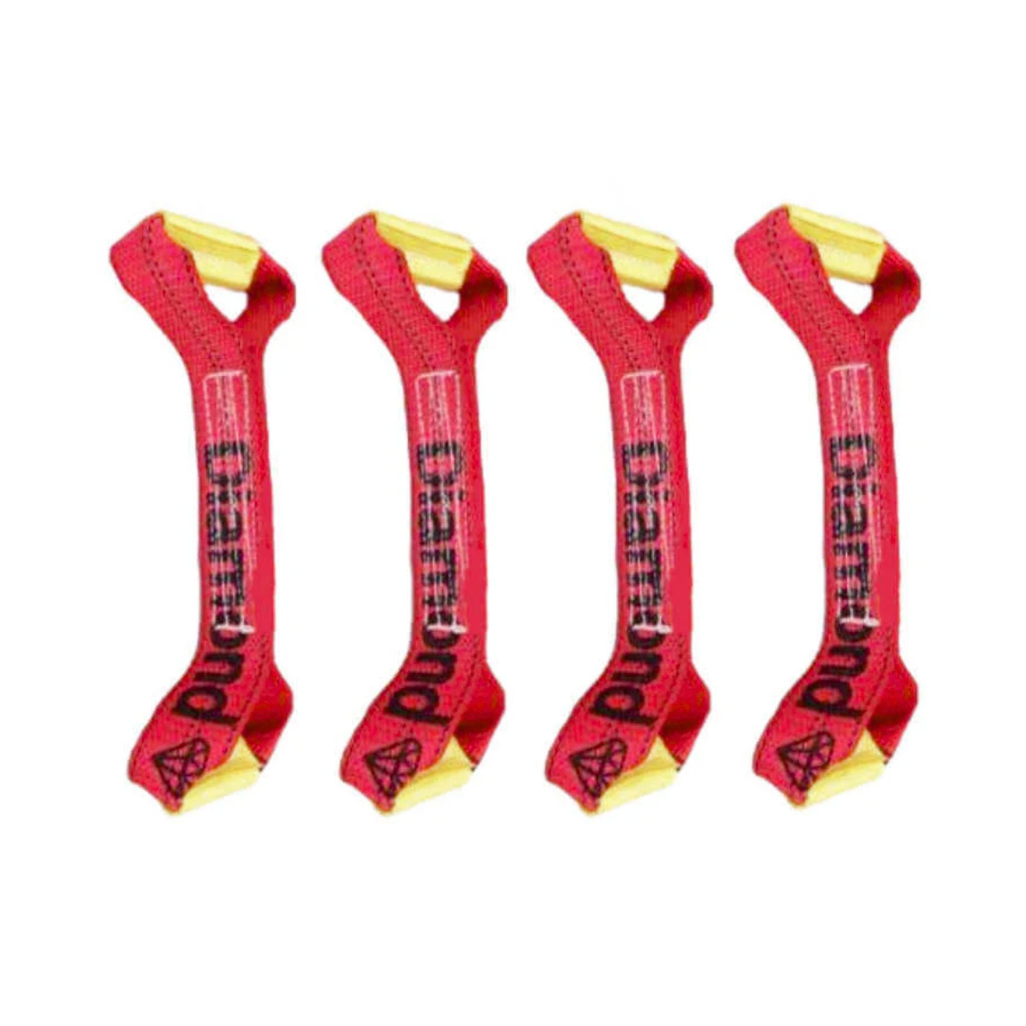 Set of red diamond weave tie-down straps called "dogbones".  Used in the 8-point tie-down system for vehicle transport and towing.  Available at Baremotion
