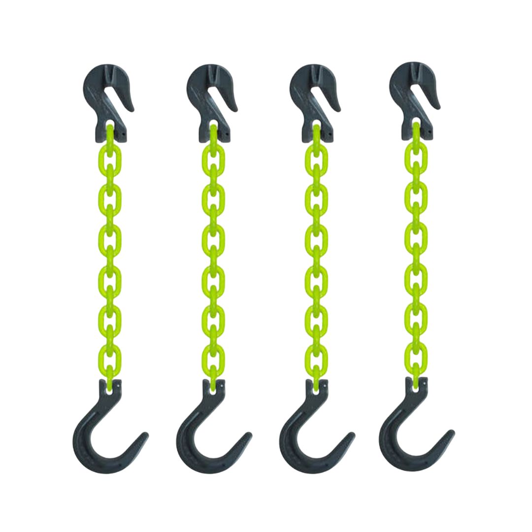 Enhance safety and strength with this 4-pack of High Visibility Grade 100 Alloy Chains with Foundry Hooks and Grabs for secure, reliable lifting or as tie-downs.