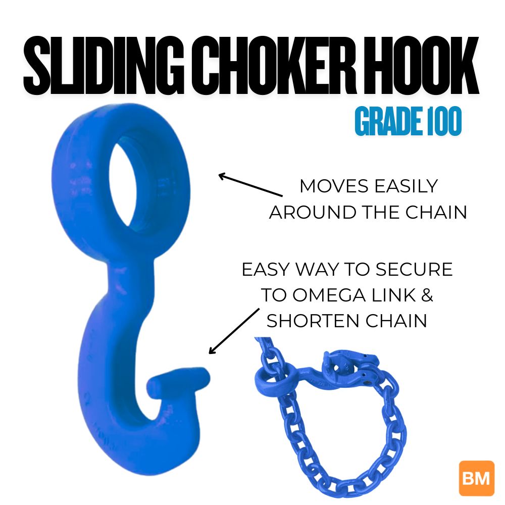 Grade 100 sliding choker hook used on forestry logging chains