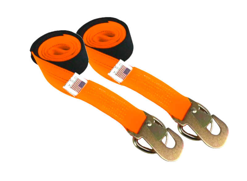 Wheel Lift Strap w/ Flat Snap Hook & D-Ring Orange Diamond Weave strap used in the towing industry.  2-pack available at Baremotion