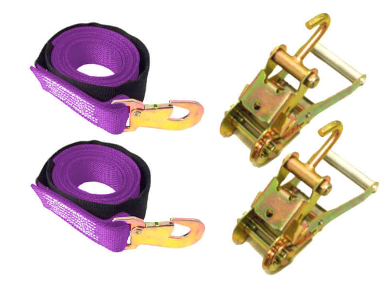 2-pack towing tie-down kit with 2" x 10' Purple snap hook strap comes with a Protective Sleeve and Finger ratchets.  2-pack