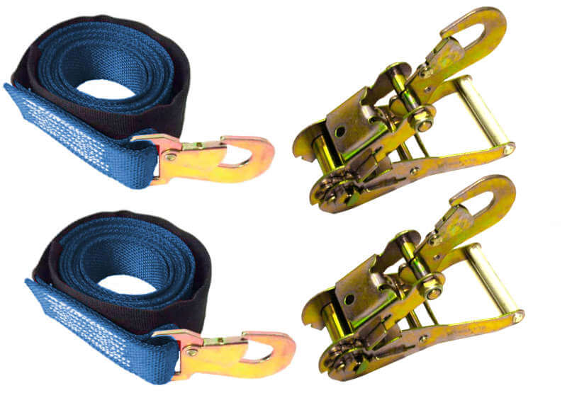 This 2-pack towing tie-down kit includes 2" blue diamond Weave tie-down strap with flat snap hook and snap hook ratchets. 