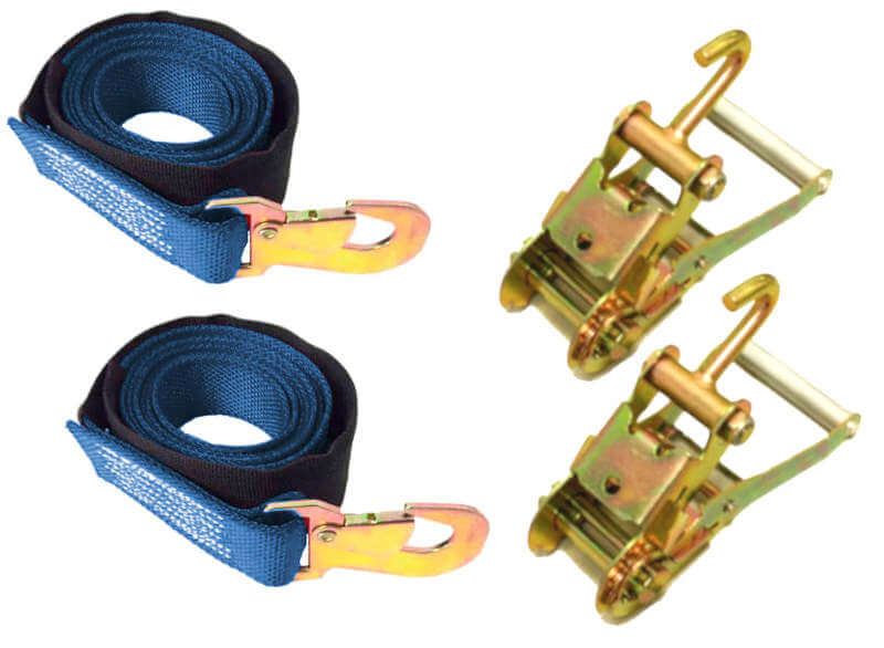 2" blue diamond Weave tie-down strap with flat snap hook and finger hook ratchets.  This is a 2-pack kit