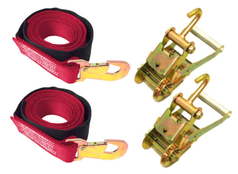 Red snap hook tie-down straps with finger ratchets.  tie-down kit includes 2 of each